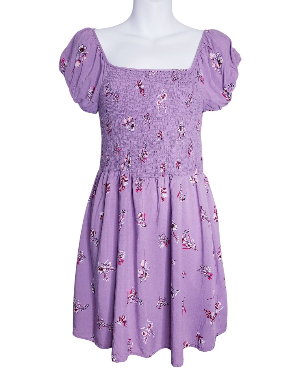 Aeropostale Purple Floral Smocked Babydoll Mini Dress Women's Size Medium